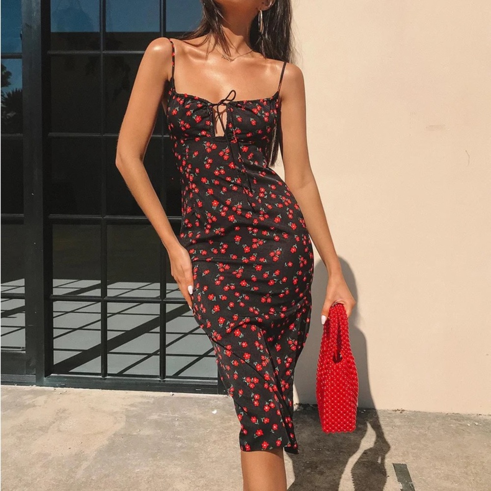 Princess Polly Noda Midi Dress in Black and Red Floral
